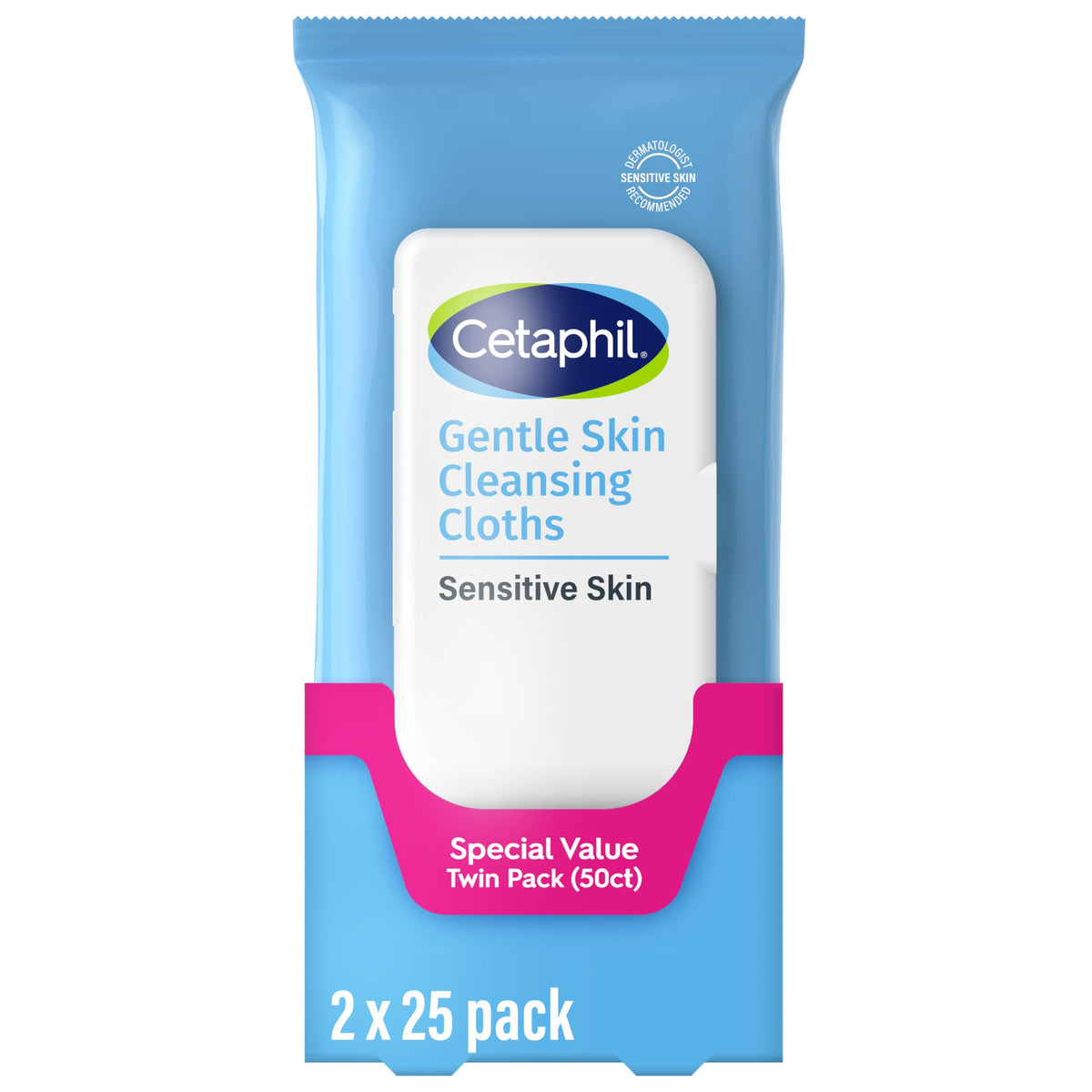 Front view of Cetaphil cleansing wipes pack with 50 units