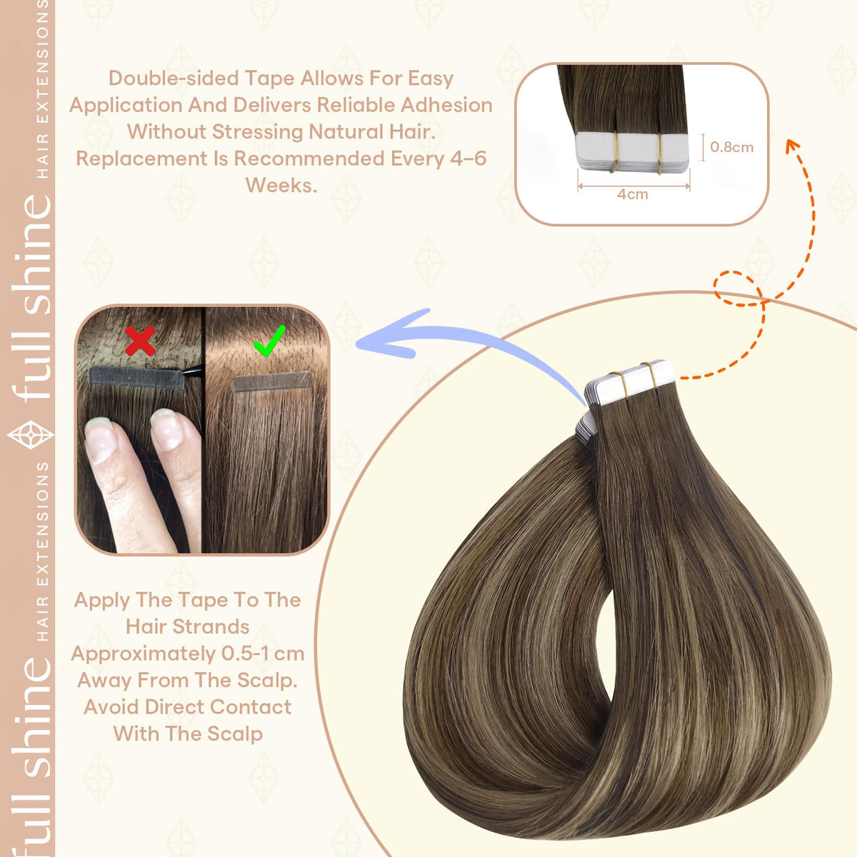 Fshine extensions cheveux humains avec bande adhésive vue de près