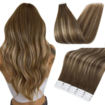 Fshine extensions cheveux humains tape-in 18 pouces châtain moyen blond miel vue de face