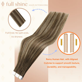 Fshine extensions cheveux humains tape-in 18 pouces châtain moyen blond miel en situation