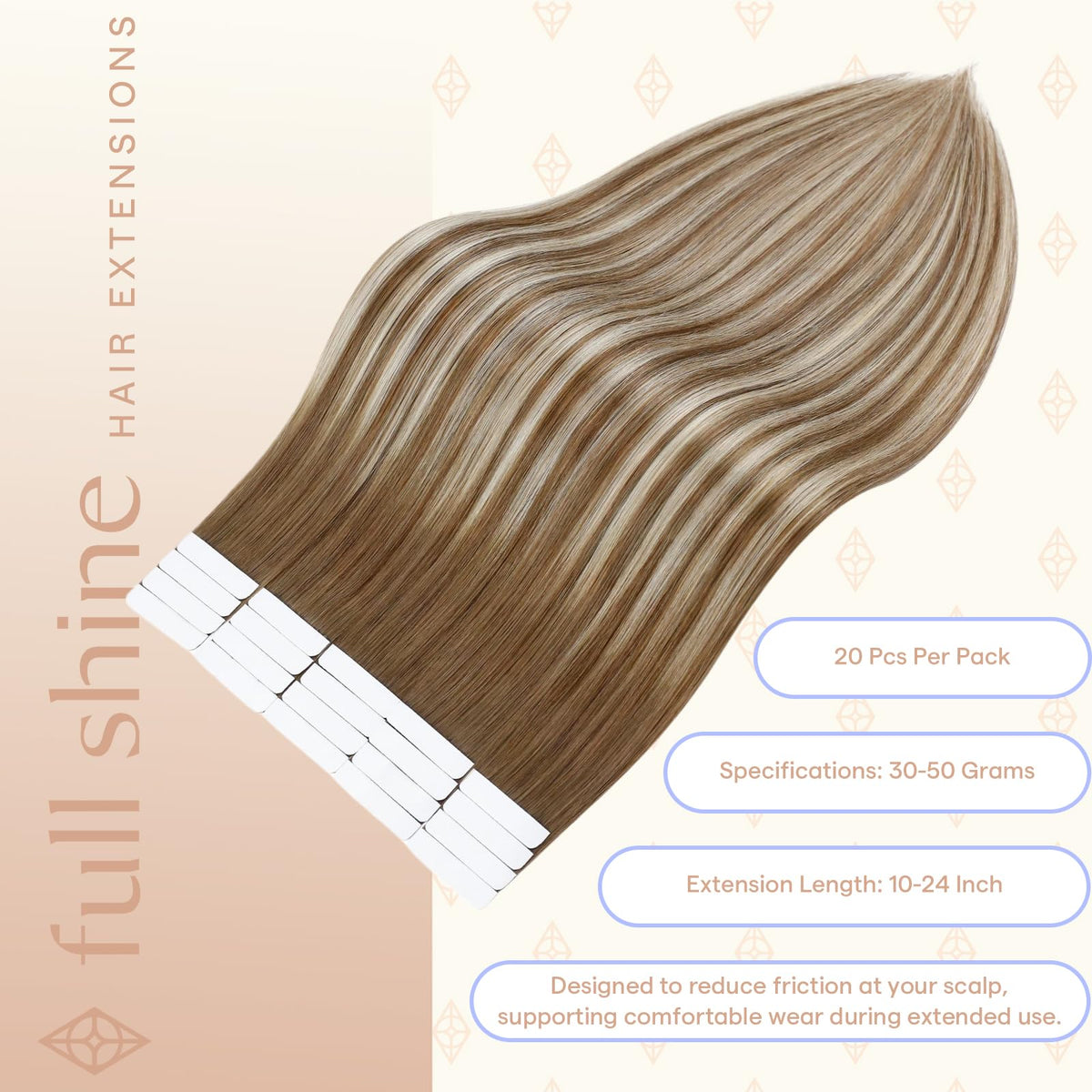 Fshine extensions de cheveux tape in ombre brun caramel 14 pouces détails de la coupe