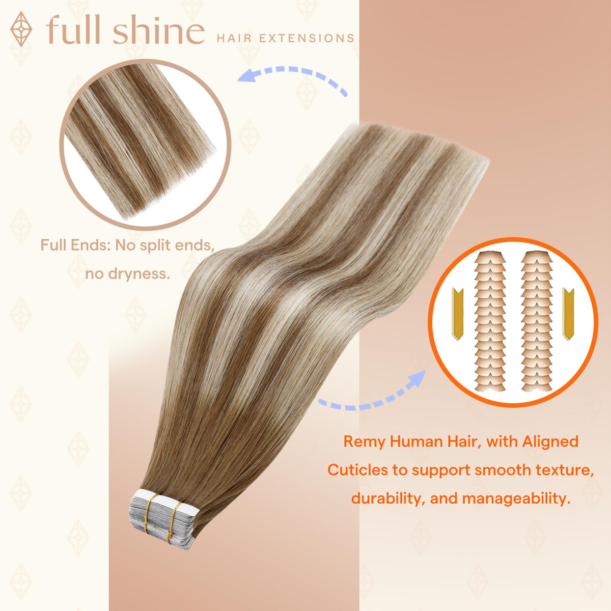 Fshine extensions de cheveux tape in ombre brun caramel 14 pouces en paquet