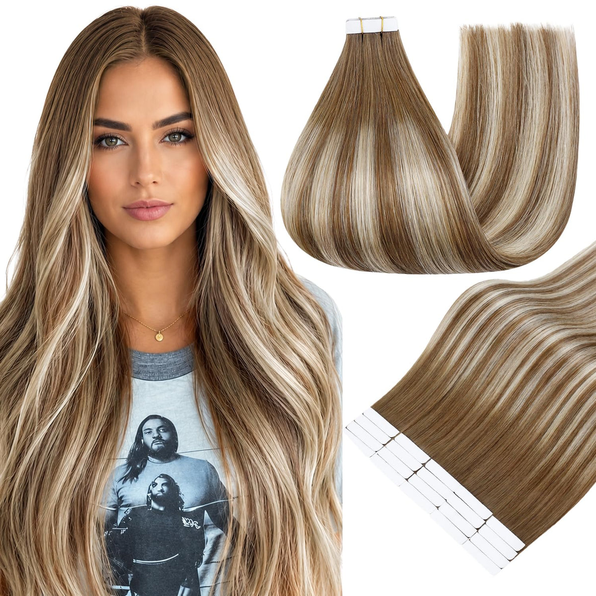 Fshine extensions de cheveux tape in ombre brun caramel 14 pouces vue avant