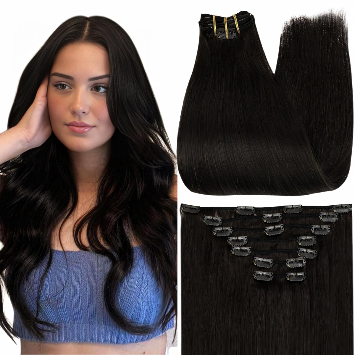 Full Shine extensions cheveux clip-in 28 pouces noir vue avant