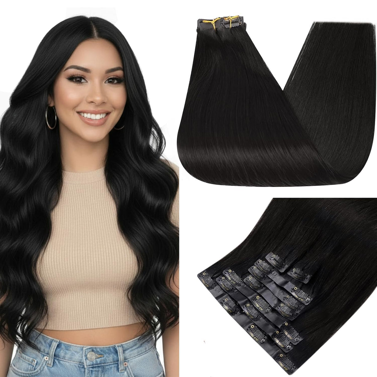 Full Shine extensions clip-in cheveux naturels noirs 20 pouces vue avant