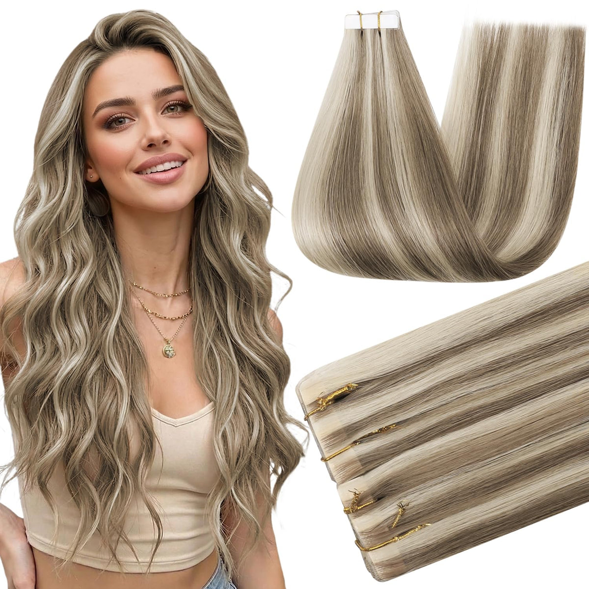 Full Shine Extensions de cheveux 24 pouces Ash Brown Blonde vue de face