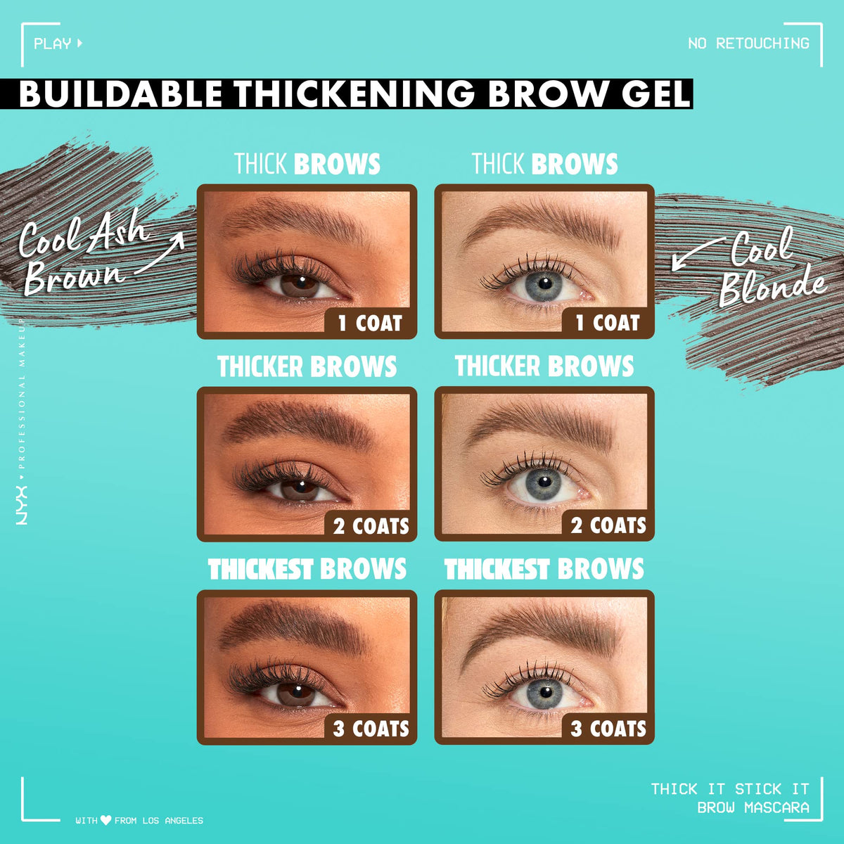 Gamme de couleurs du gel sourcils NYX, incluant taupe