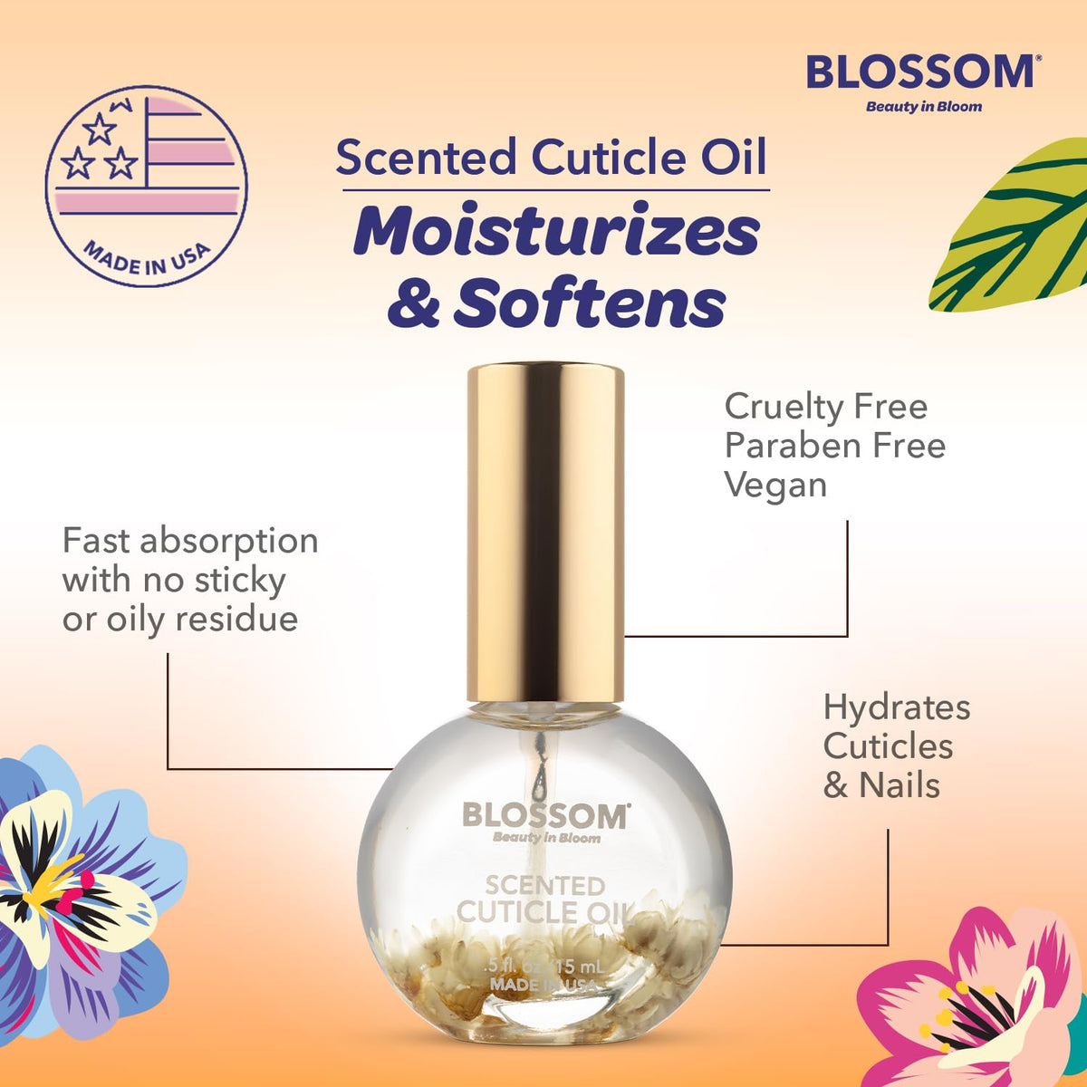 Gamme de produits Blossom incluant l'huile à cuticules