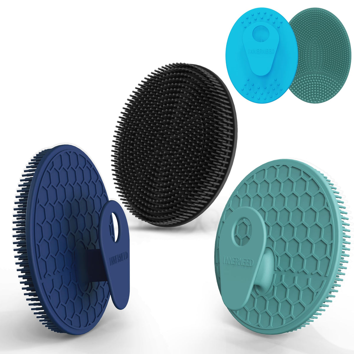 Gant de douche INNERNEED en silicone noir, bleu et vert vue de face