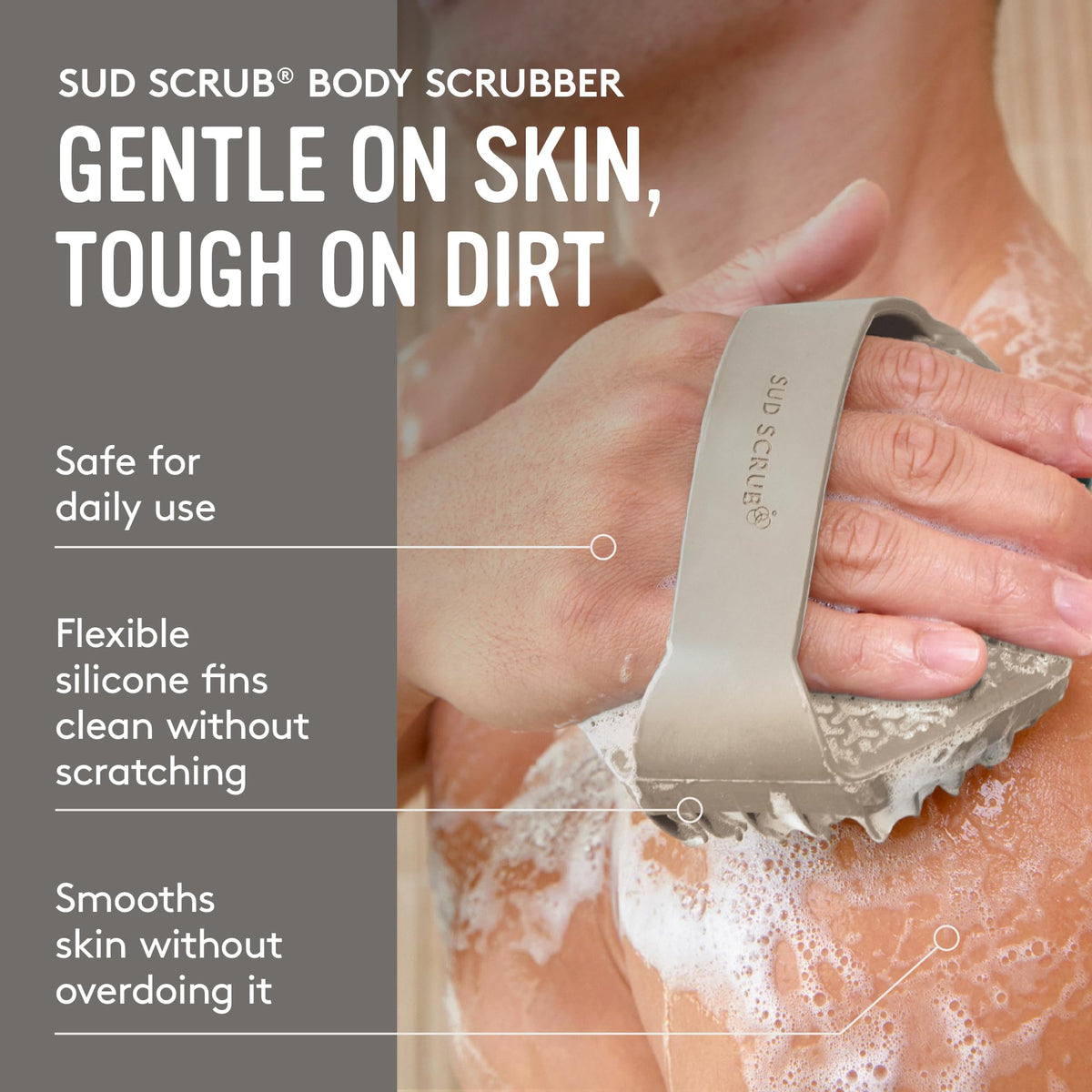 Gant de douche Sud Scrub en silicone avec sangle sécurisée, vue latérale