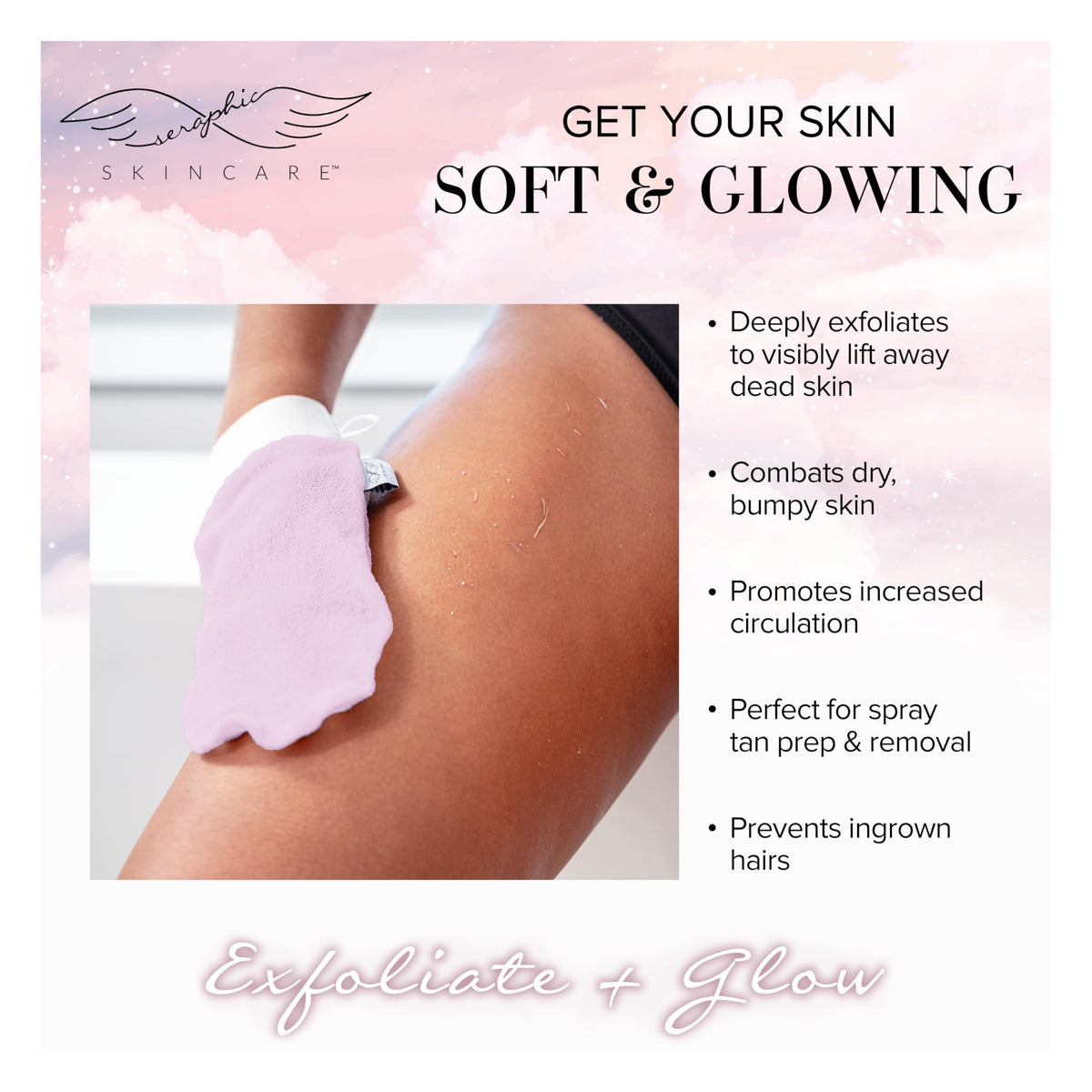 Gant exfoliant rose avec instructions sur l'emballage