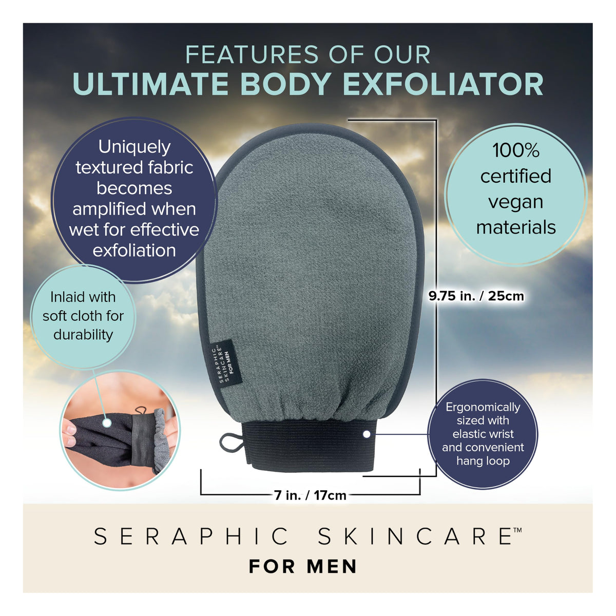 Gant exfoliant SERAPHIC SKINCARE, vue de côté avec boucle de suspension