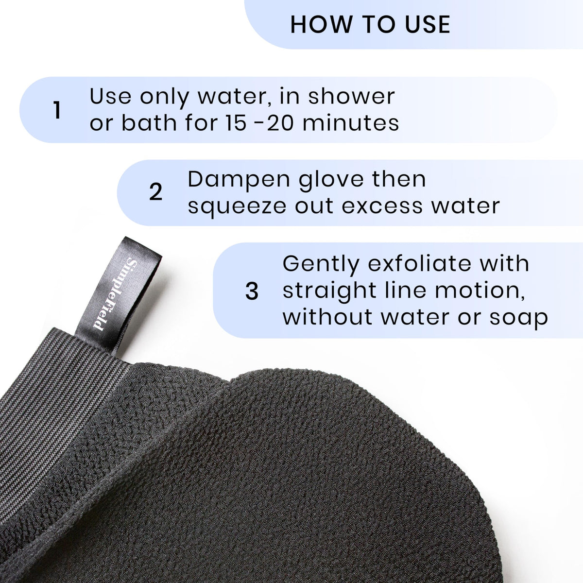 Gant exfoliant SimpleField avec information d'entretien