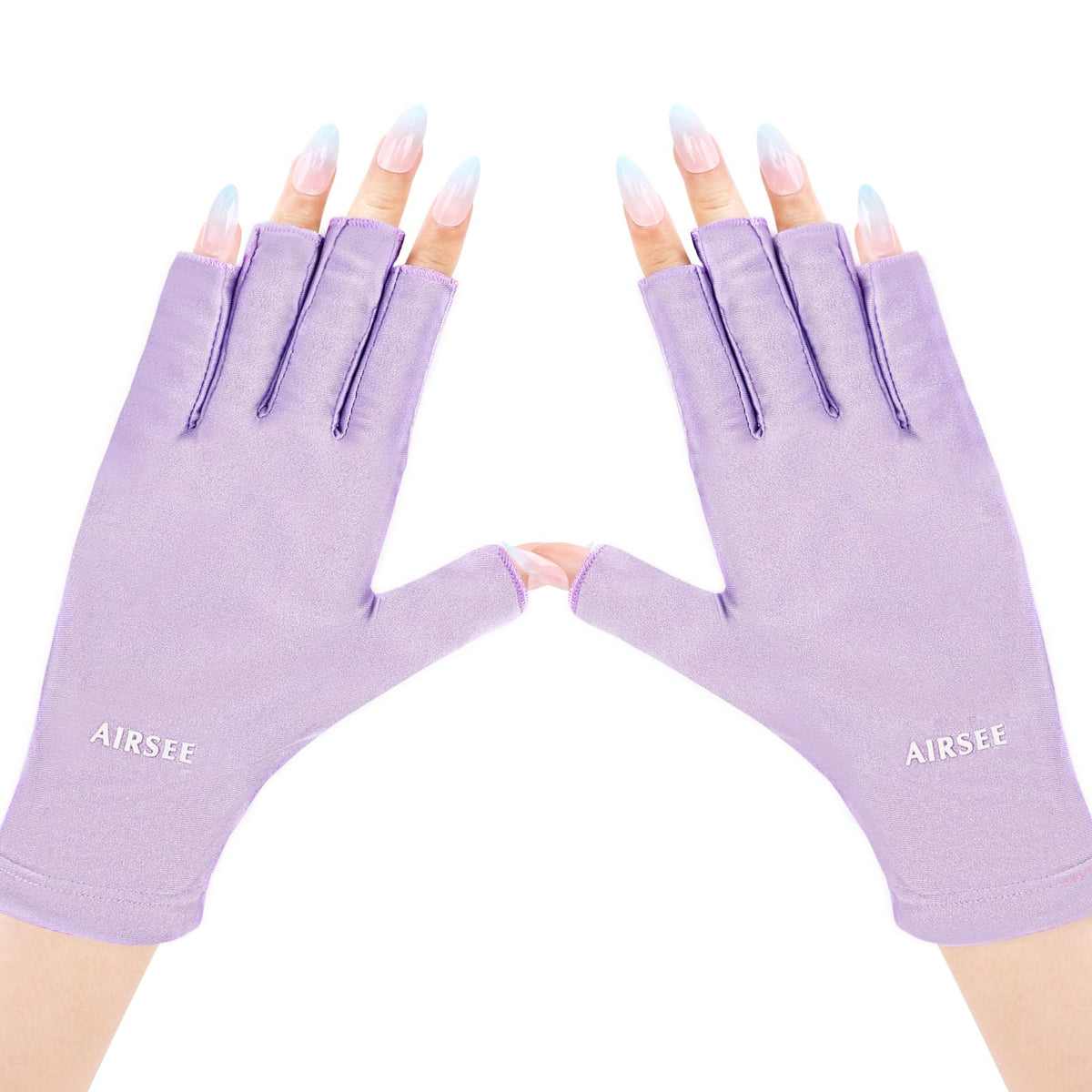 Gants AIRSEE UV pour ongles couleur violette, vue de face