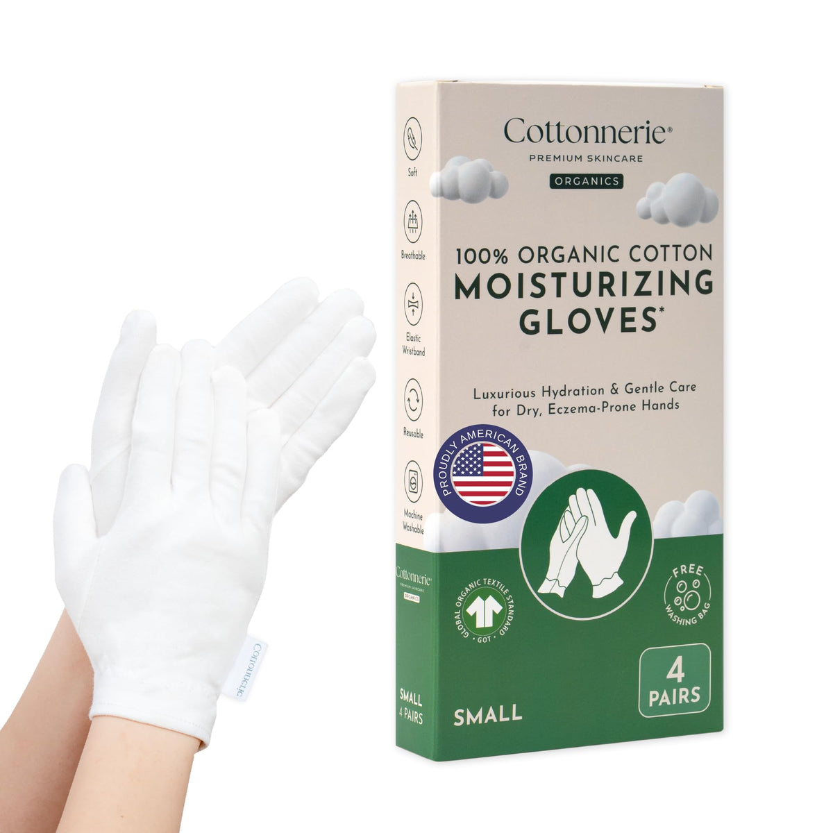 Gants en coton bio COTTONNERIE blancs pour mains sèches, vue de face