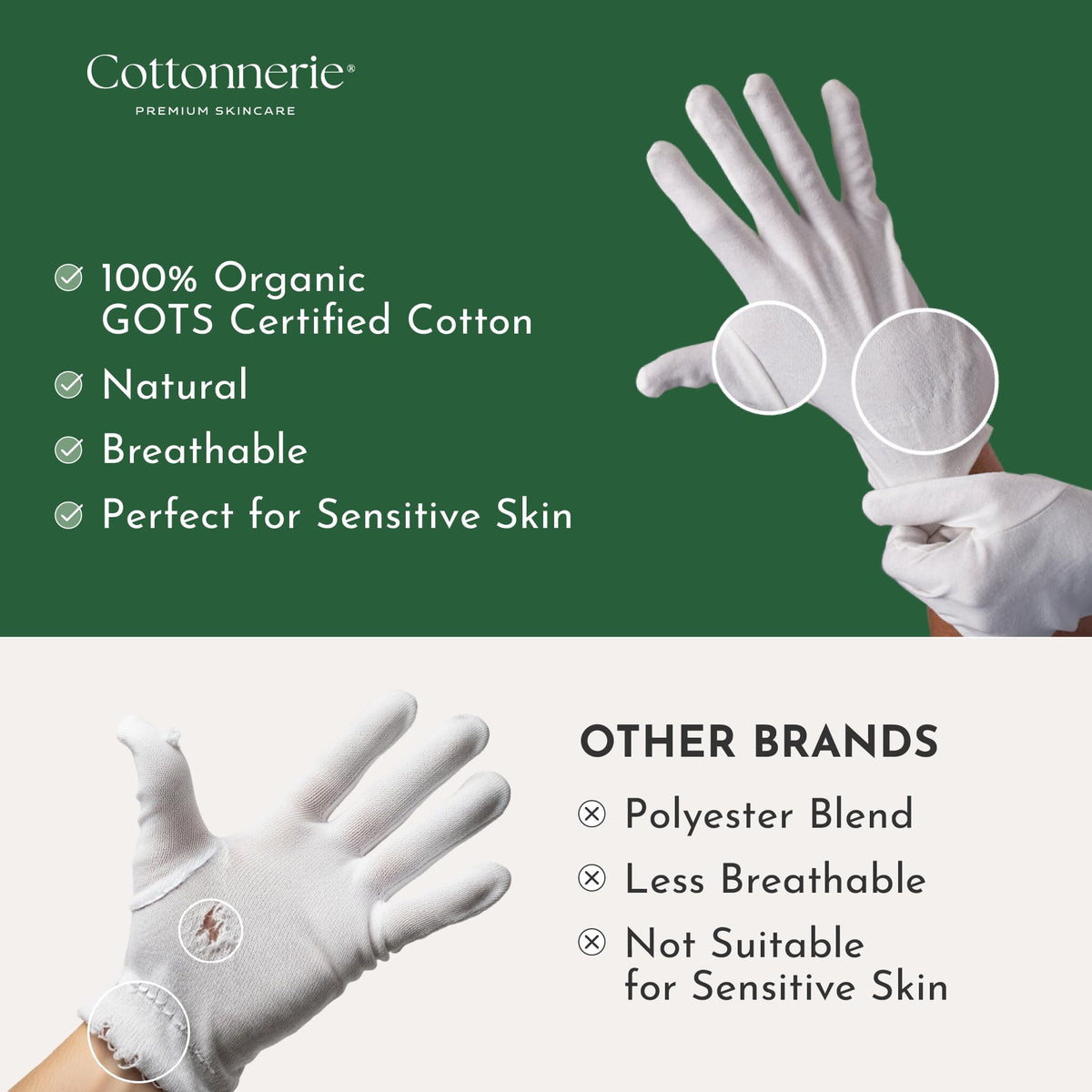 Gants en coton bio COTTONNERIE posés sur une table avec lotion