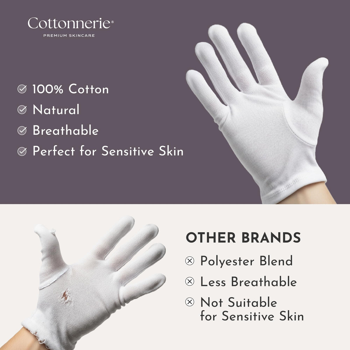 Gants en coton COTTONNERIE, taille S, M et L affichées
