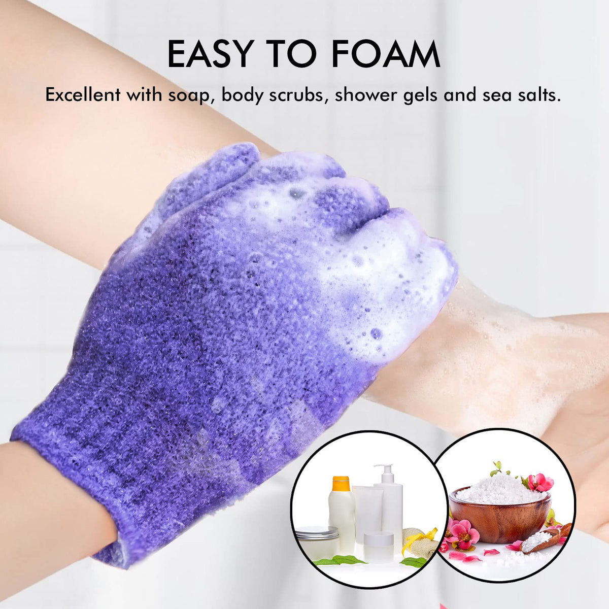 Gants exfoliants Evridwear avec gel douche à côté