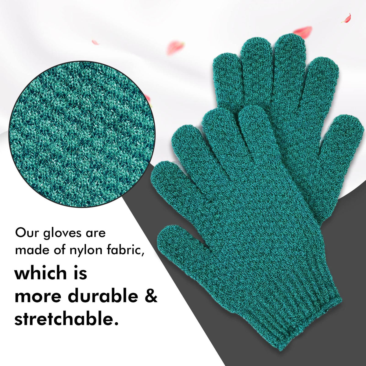Gants exfoliants Evridwear montrant l'ajustement sur une main