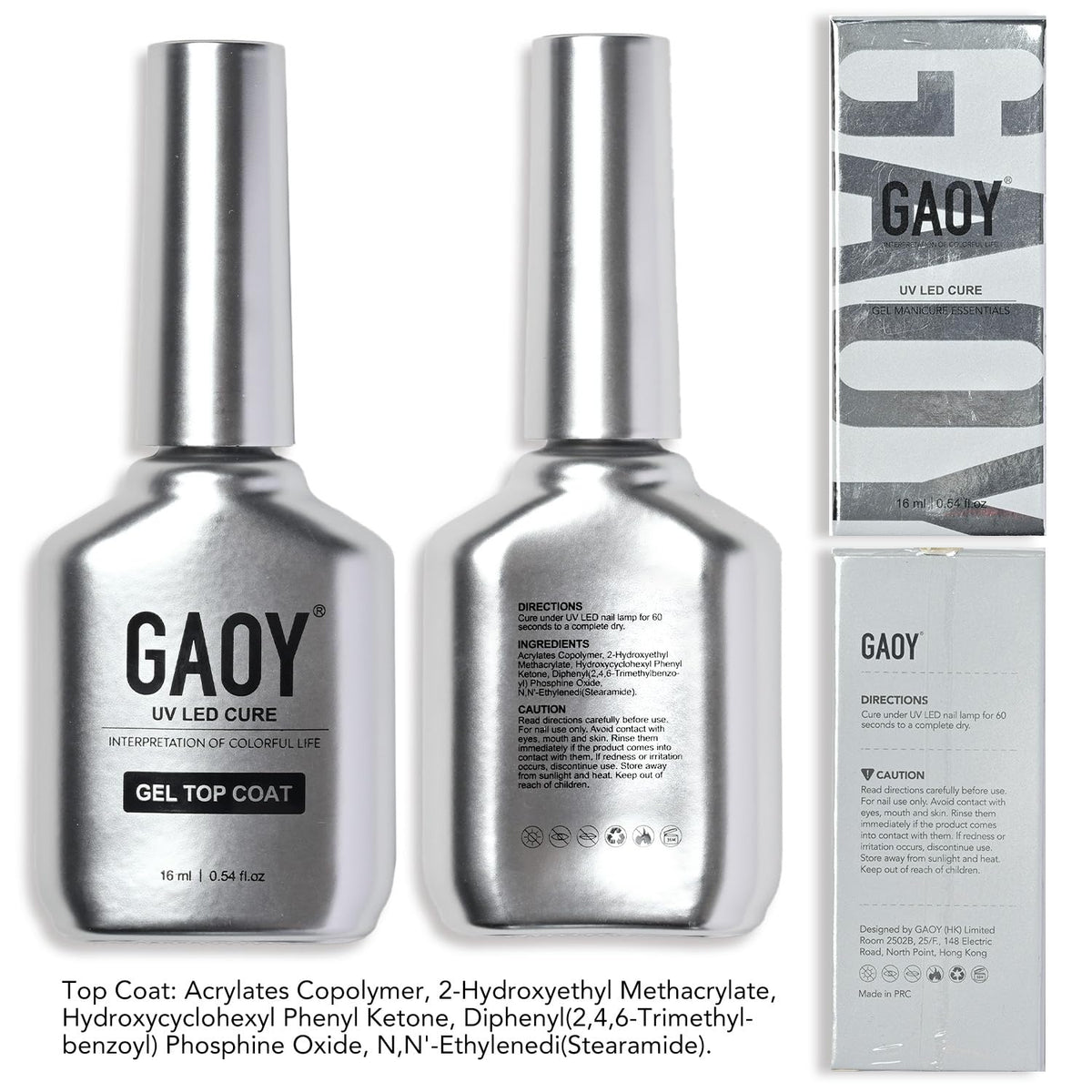 GAOY Top Coat Gel 16ml en gros plan sur l'étiquette