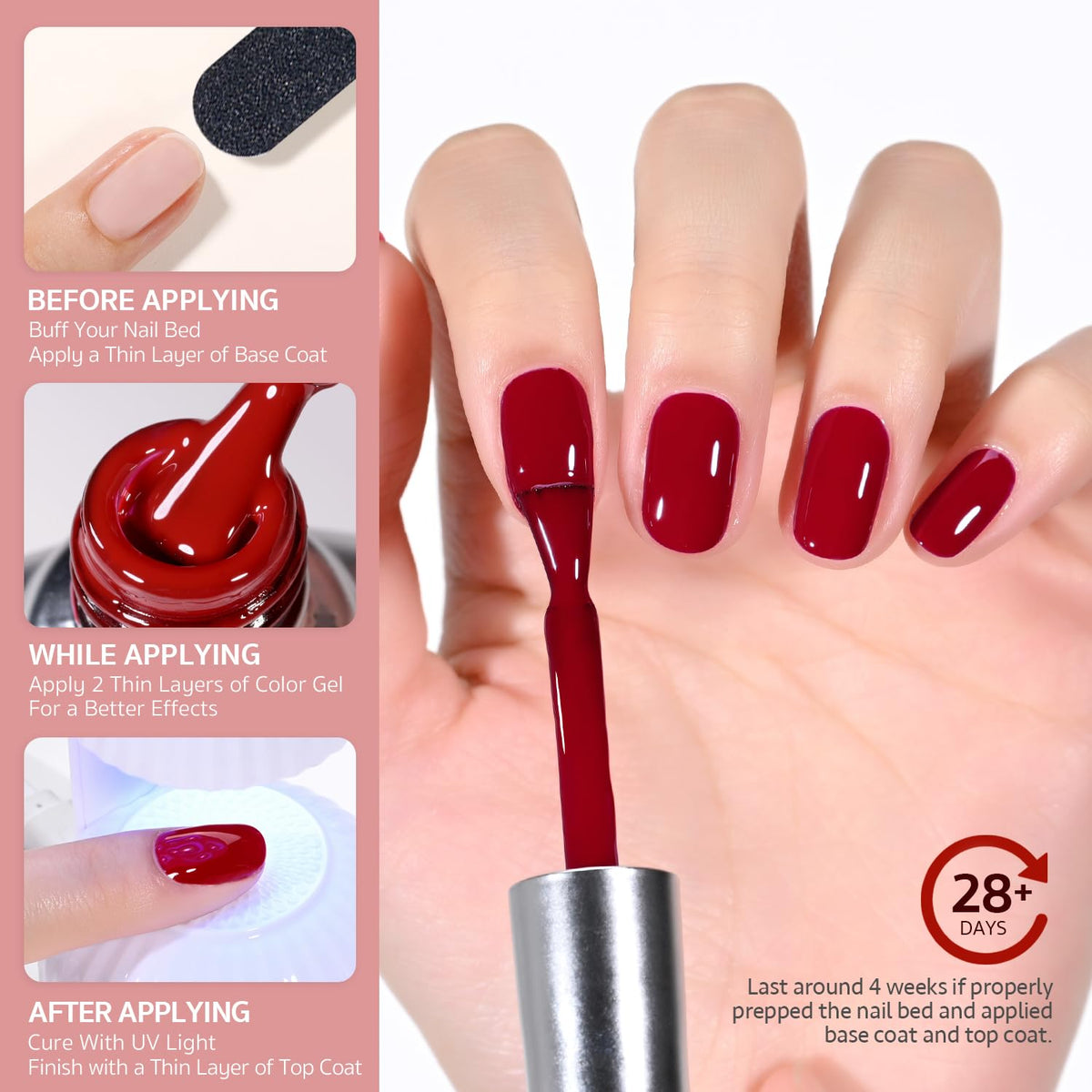 GAOY vernis à ongles gel rouge carmin 16ml, utilisation sous lampe UV