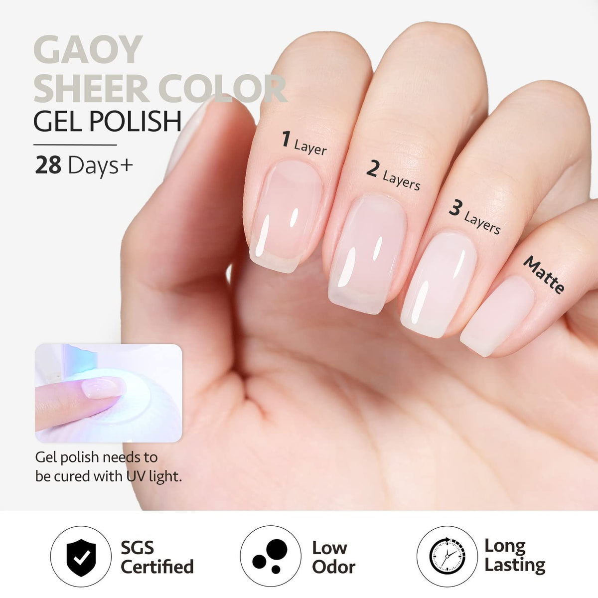 GAOY vernis gel nude transparent 16ml, échantillon sur table