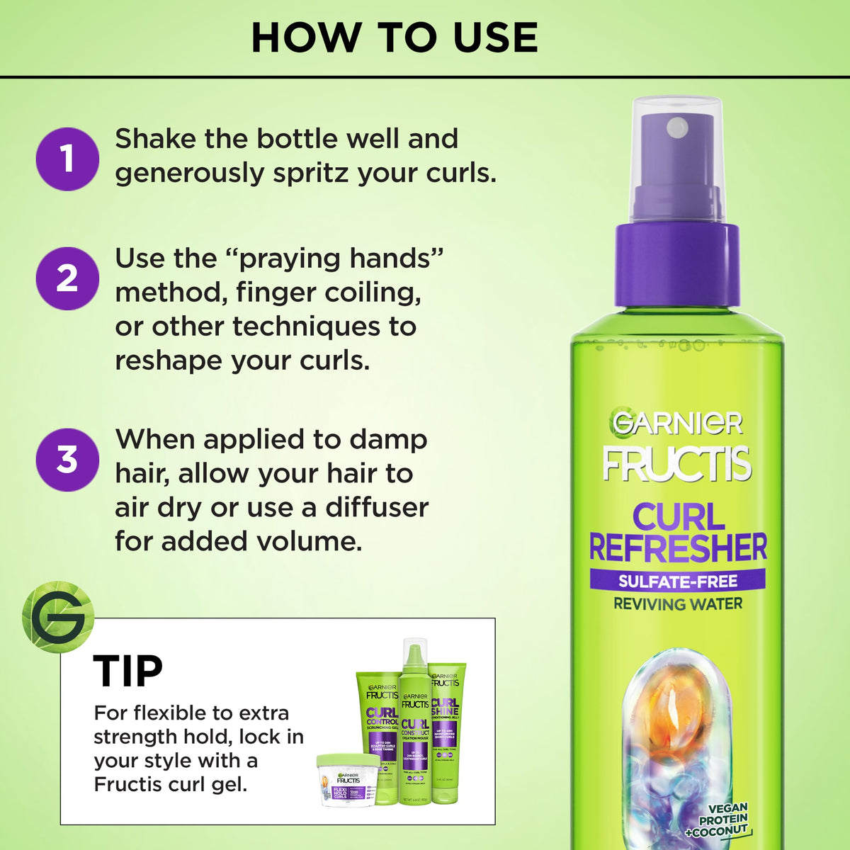 Garnier Fructis Curl Refresher sur une coiffeuse avec accessoires de cheveux