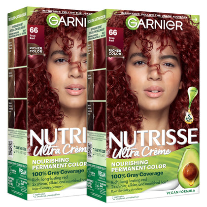 Garnier Nutrisse 66 Rouge Pomegranate boîte avant avec échantillon de couleur