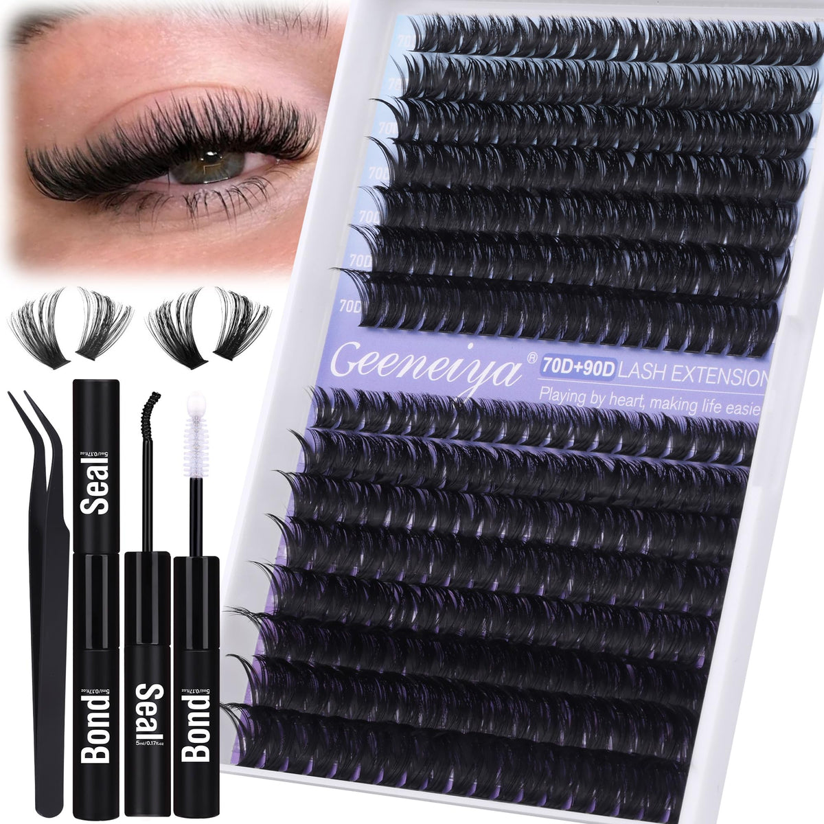 Geeneiya kit d'extensions de cils 70D+90D avec emballage