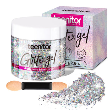 Gel à paillettes argentées Teenitor 80ml, flacon vue avant