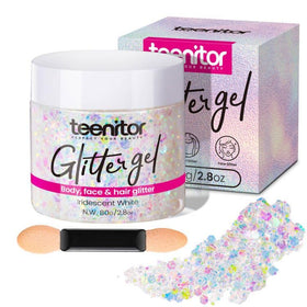 Gel à paillettes corporelles Teenitor 80g vue de face avec paillettes blanches