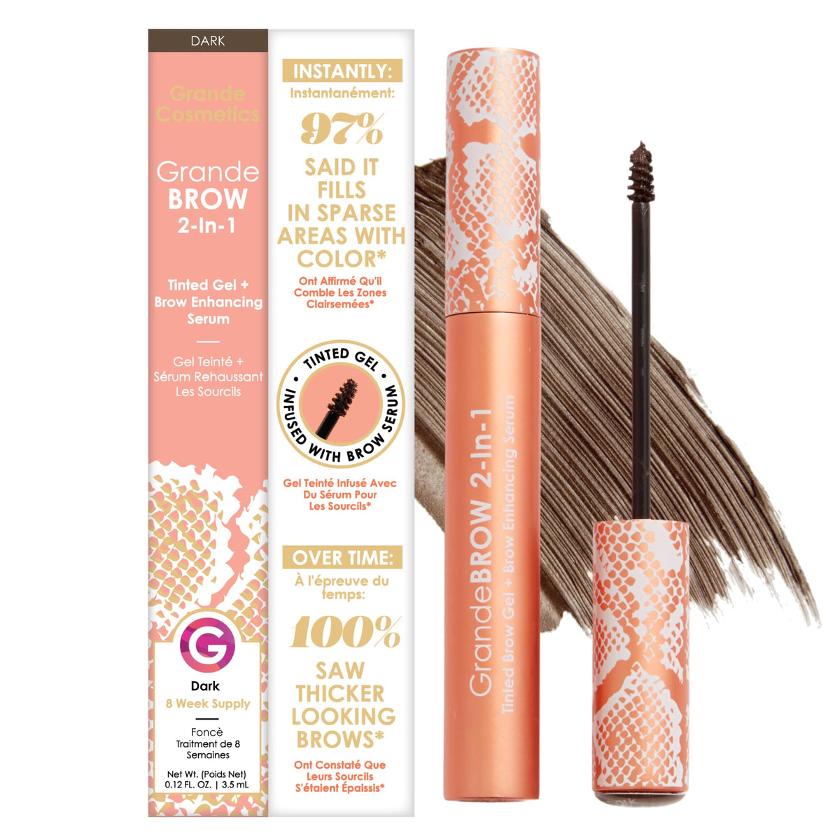 Gel à Sourcils Tanné 2-en-1 Grande Cosmetics, modèle foncé, vue avant