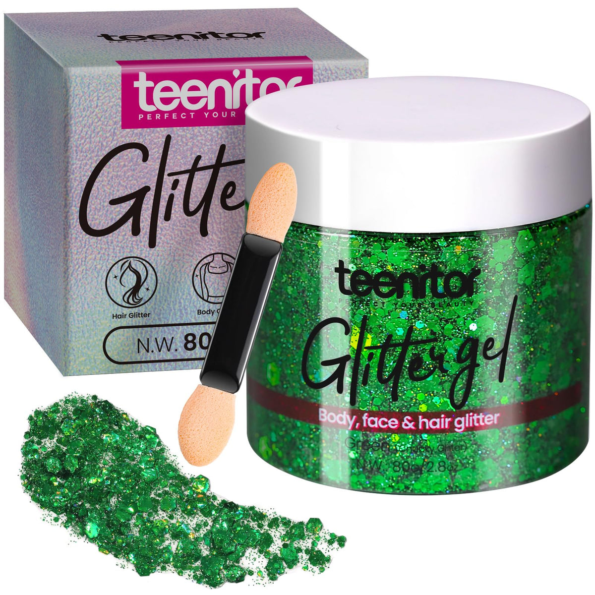 Gel brillant vert Teenitor 80g avec paillettes holographiques