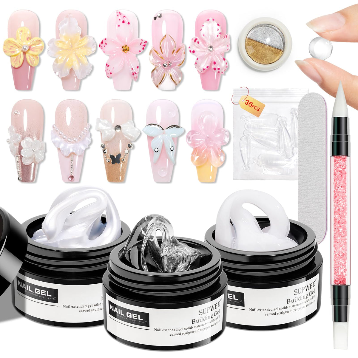 Gel de Sculpture 3D SUPWEE 3*14g Transparent, Blanc et Blanc Perle
