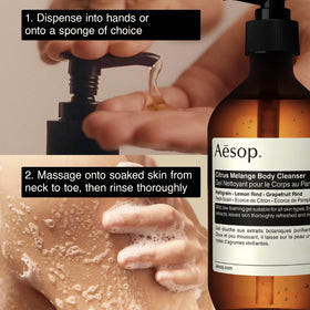 Gel douche Aesop Citrus Melange sur une douche en marbre