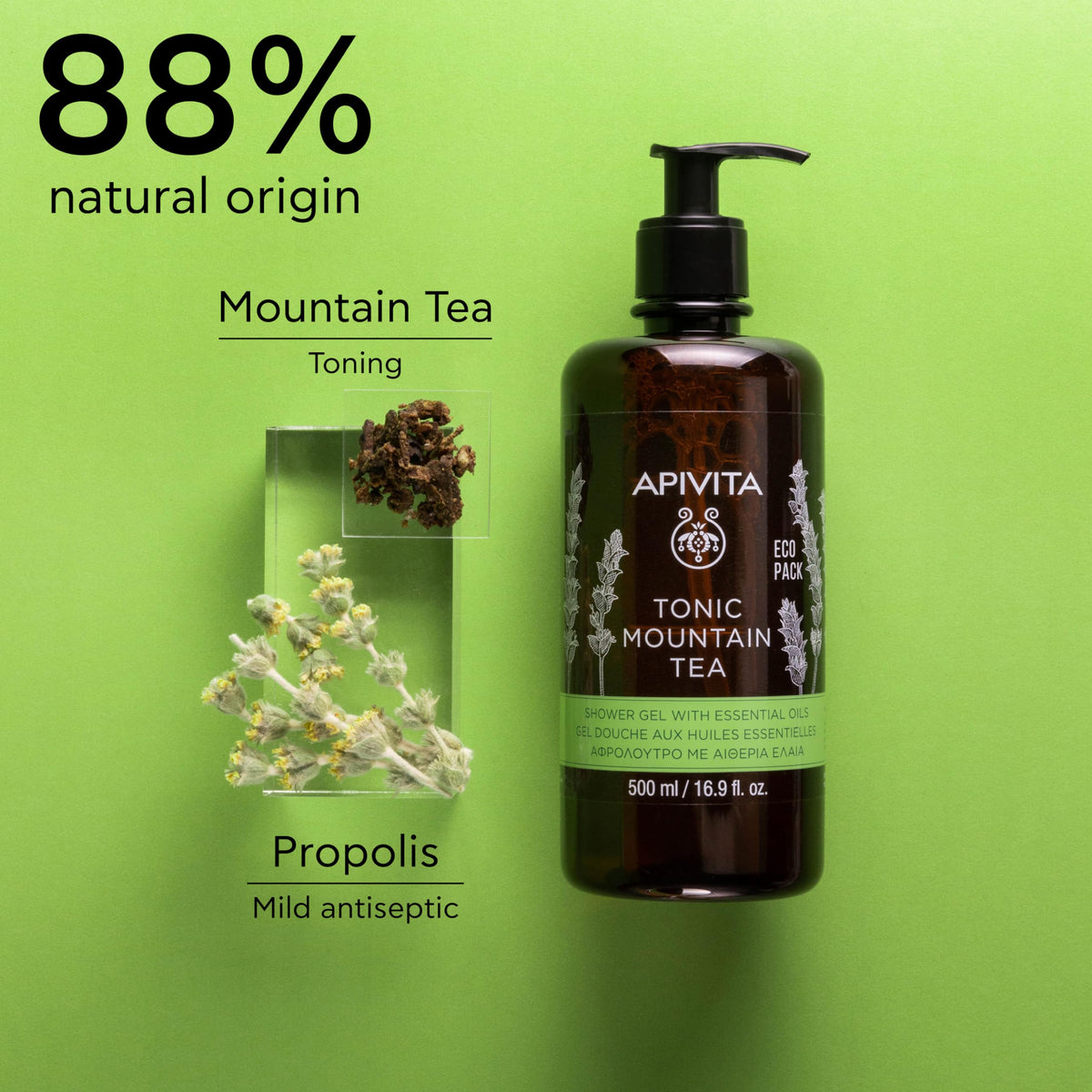 Gel Douche Apivita avec ingrédients naturels en arrière-plan