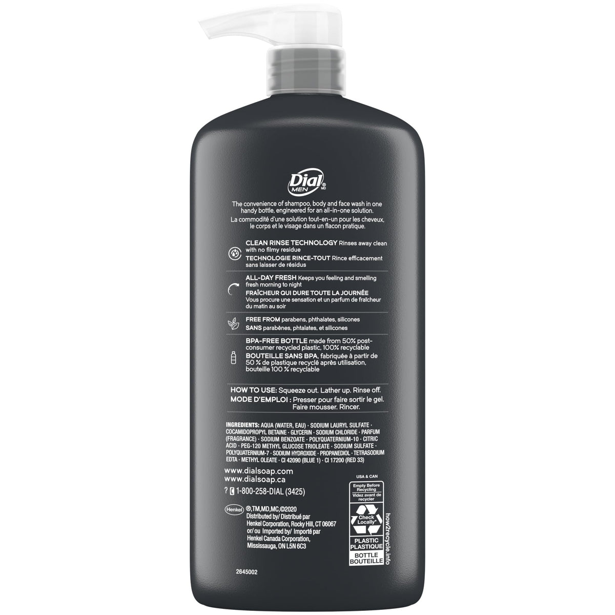 Gel Douche Dial 3-en-1 affiché sur un lavabo