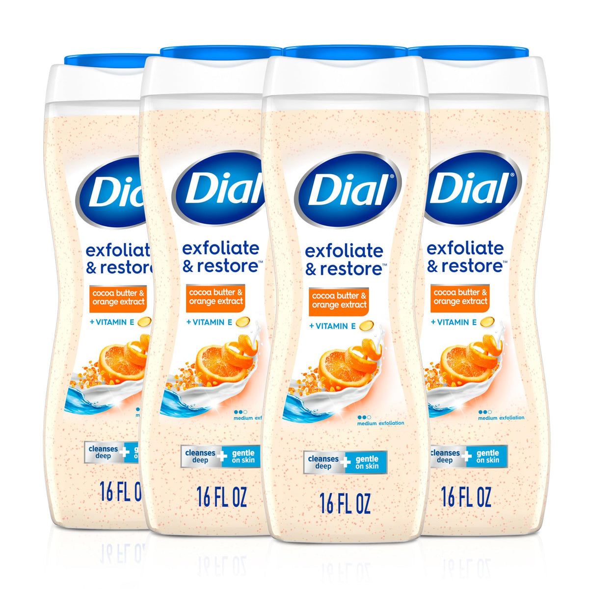 Gel douche Dial Exfoliant & Rénovant orange et beurre de cacao, vue de face