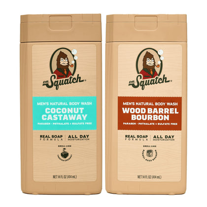 Gel douche Dr. Squatch 14 oz, parfum Coconut Castaway et Wood Barrel Bourbon