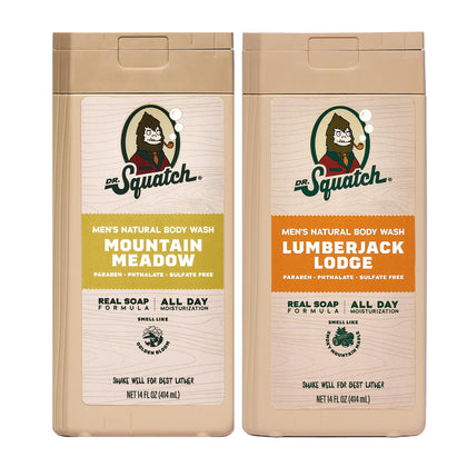Gel douche Dr. Squatch 14 oz, vue avant avec étiquette Mountain Meadow