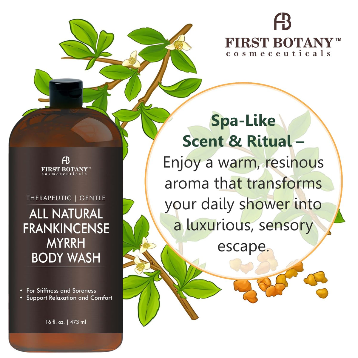 Gel douche First Botany dans une salle de bain avec serviette et bougie