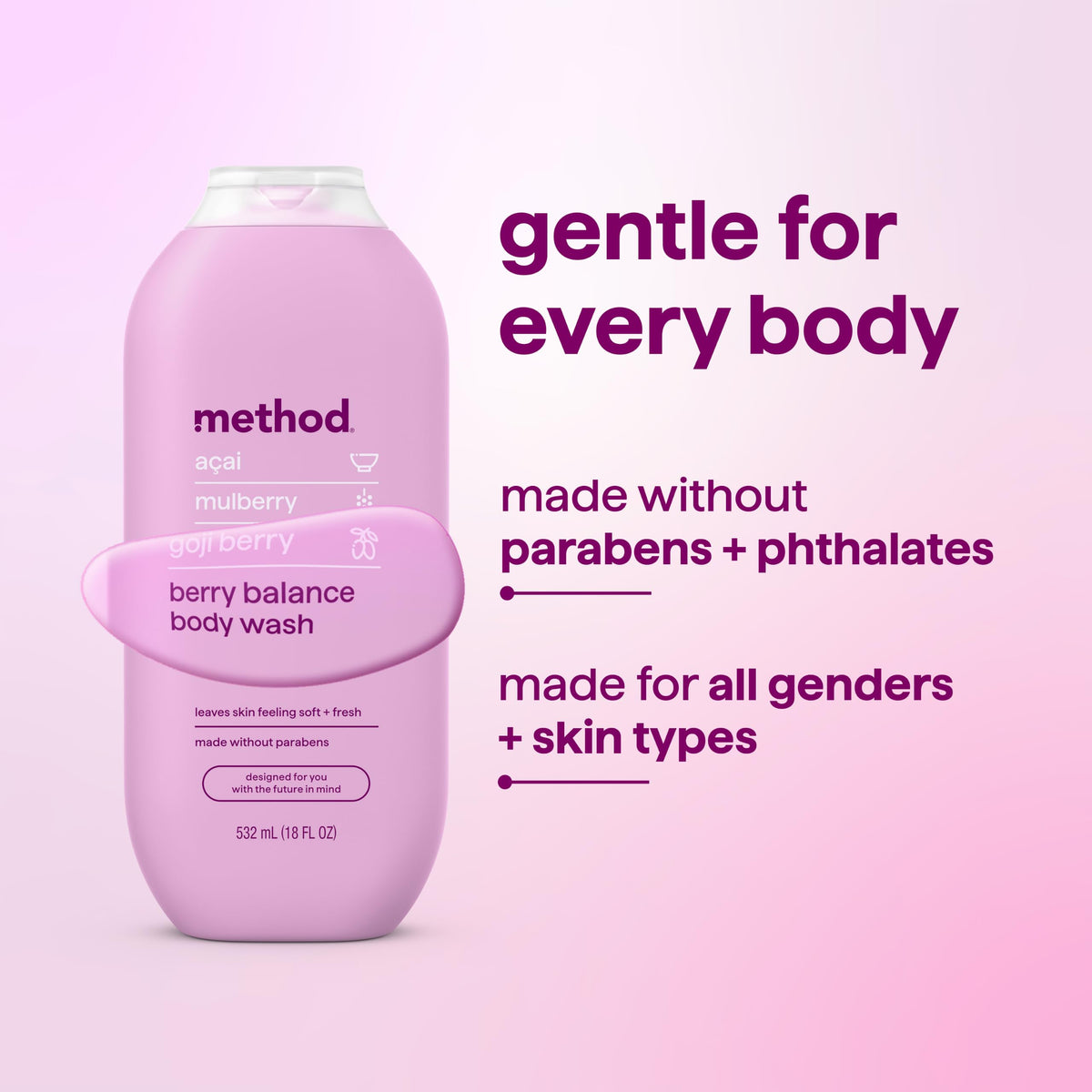 Gel douche Method Berry Balance en utilisation avec une loofah
