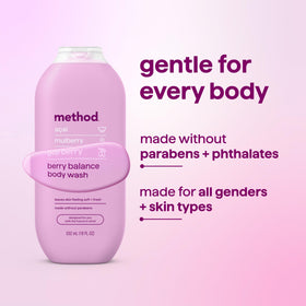 Gel douche Method Berry Balance en utilisation avec une loofah