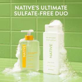 Gel douche Native 18 oz avec ingrédients naturels en arrière-plan