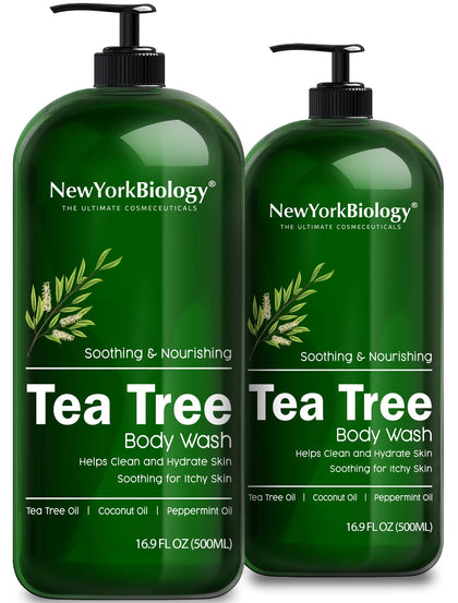Gel douche NEW YORK BIOLOGY à l'huile d'arbre à thé en bouteille, vue de face