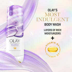 Gel douche Olay avec ingrédients naturels en arrière-plan