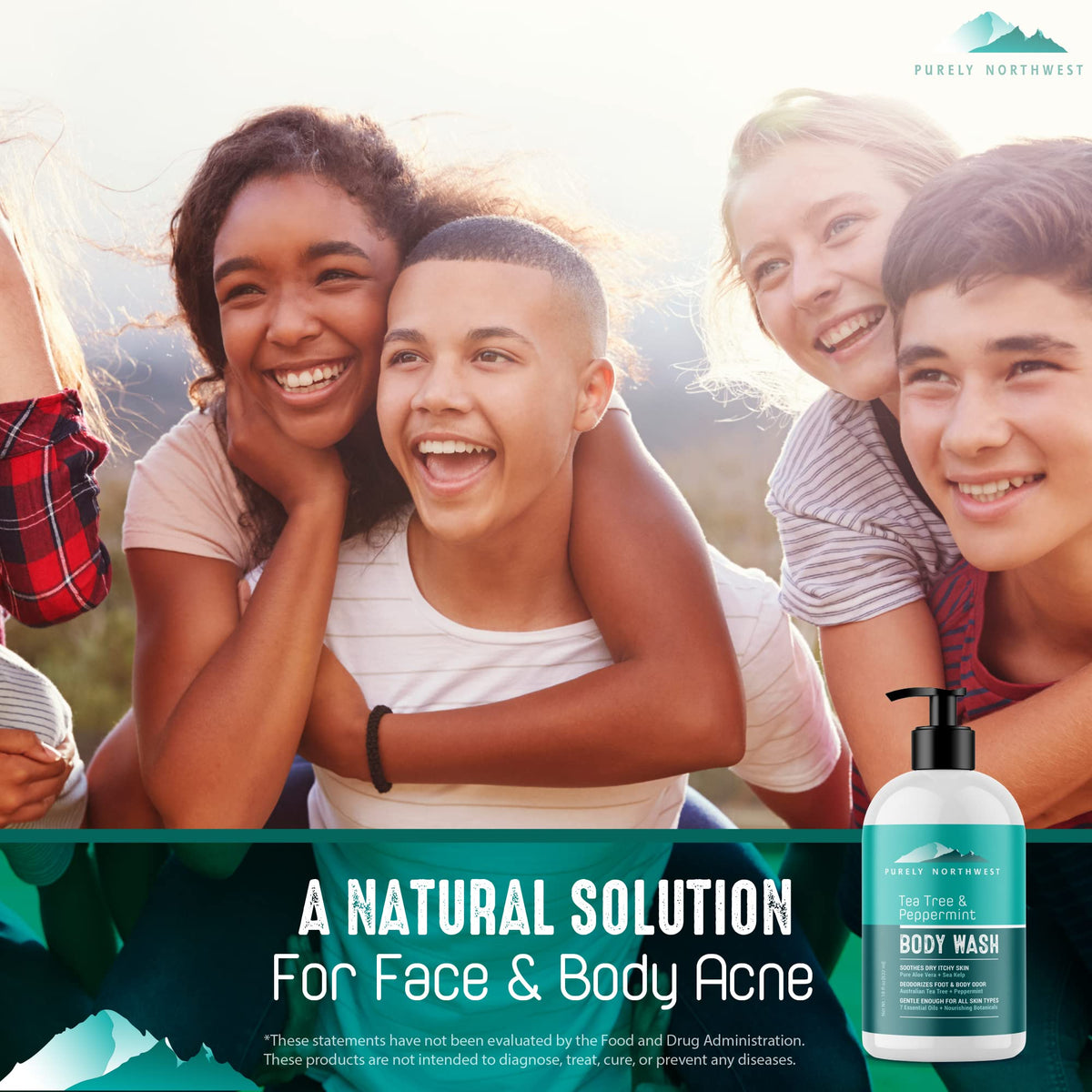 Gel Douche Purely Northwest au Tea Tree sur une étagère de salle de bain