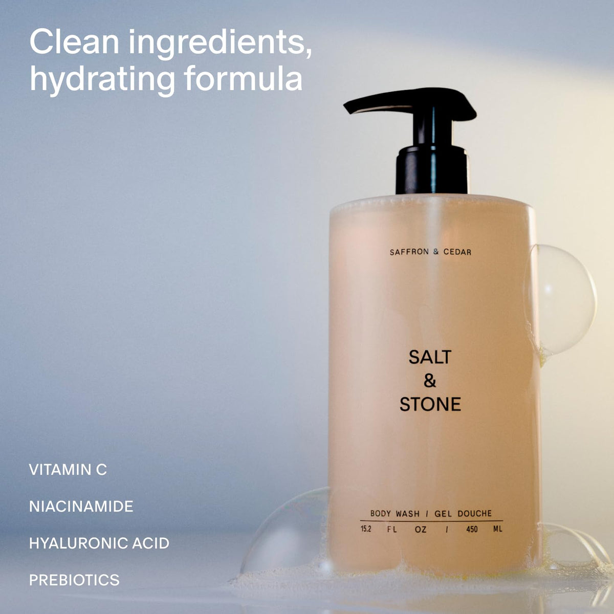 Gel douche Salt & Stone 15,2 fl oz vue arrière avec ingrédients
