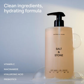 Gel douche Salt & Stone 15,2 fl oz vue arrière avec ingrédients