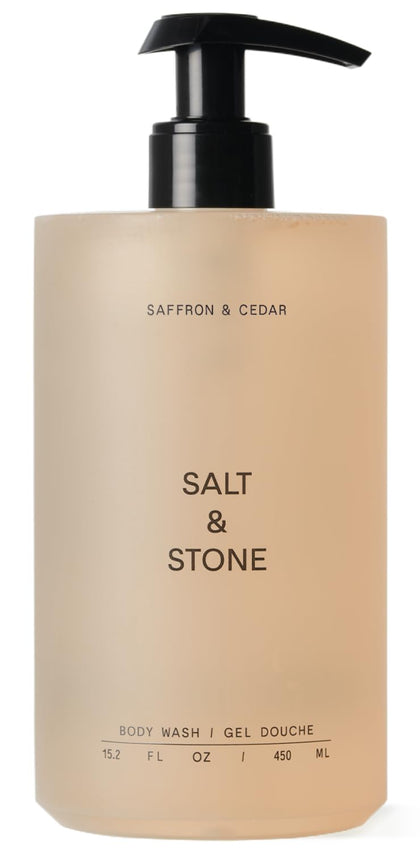 Gel douche Salt & Stone 15,2 fl oz vue avant avec étiquette Saffran & Cèdre